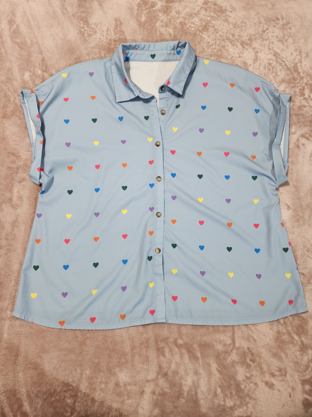 Womens Button-Up Shirt with Multicolor Heart Print